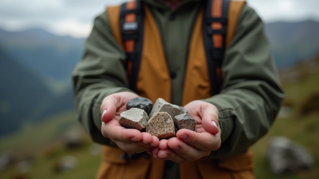 Geologo ranka laikyti skirtingi akmenys ir mineralai, lauko laboratorija