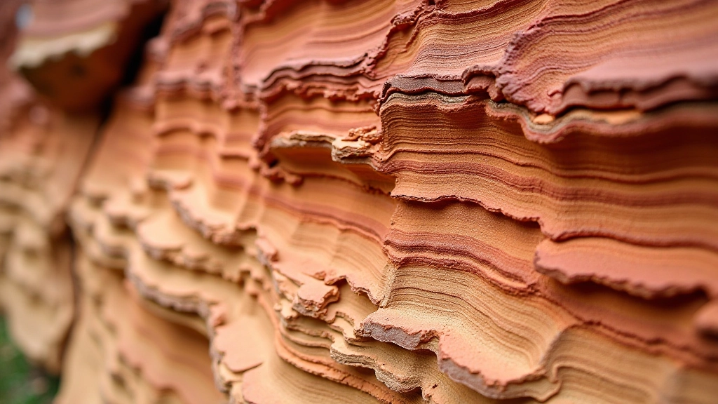 Nuosėdiniai akmenys su sluoksniais, raudonų ir geltonų spalvų, geologinis šlyžius